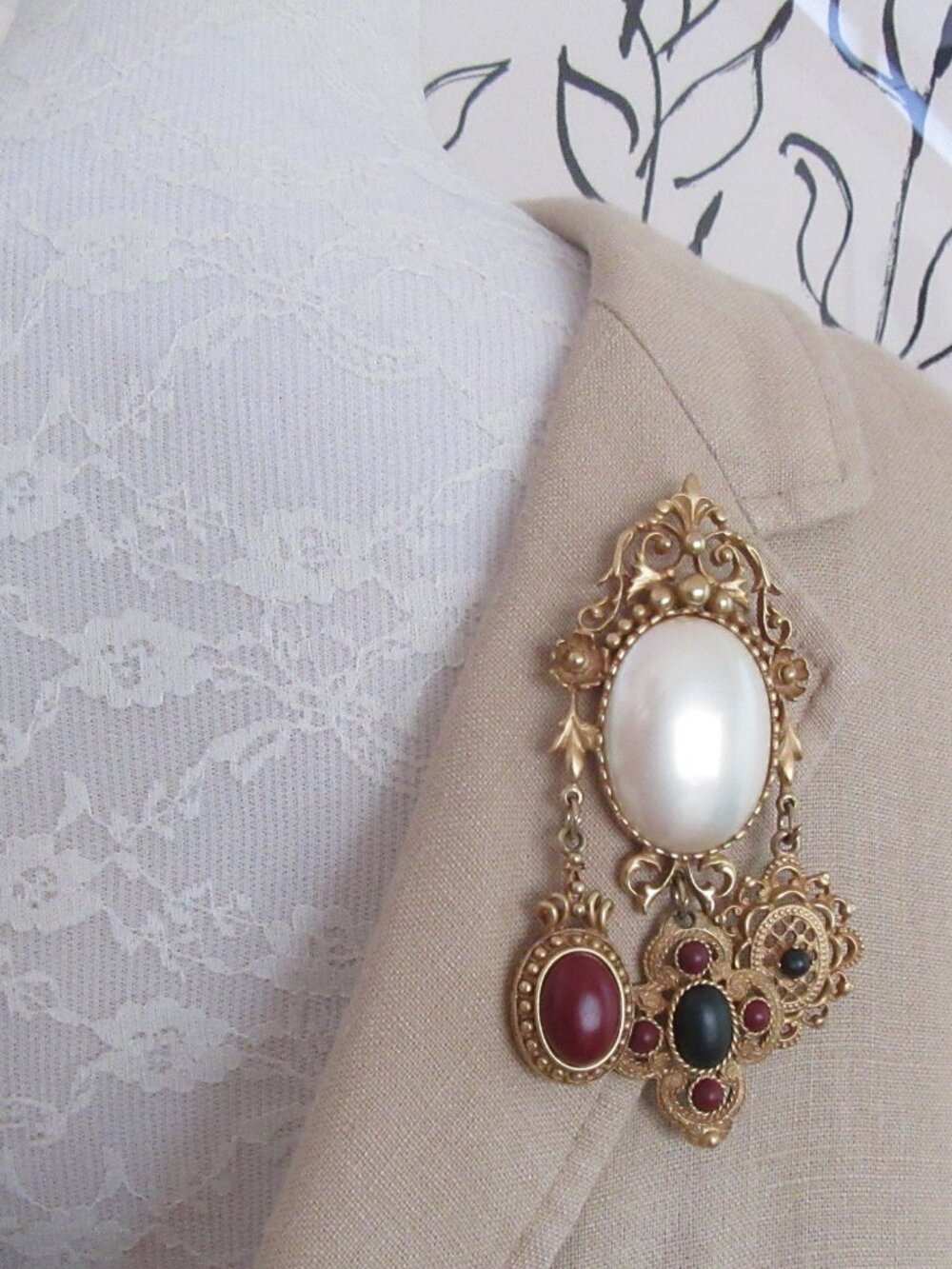 DKNY large ornate faux pearl charm brooch - gold tone settings - Vintage Regency
